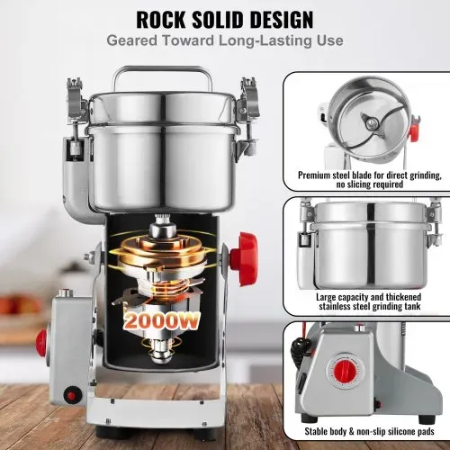 VEVOR elektrische Getreidemühle Hochgeschwindigkeits-Gewürzmühle 500 g mit 2000 W, Pulverisiermaschine aus Edelstahl, für trockene Körner Gewürze Müsli Kaffee Mais Pfeffer Schwenktyp 22 x 19 x 36 cm – Bild 2