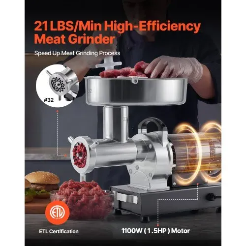 VEVOR Fleischwolf, 9,5 kg/min Kapazität, #32 Elektrischer Fleischwolf mit 3 Lochscheiben, Wurstaufsatz, 1100 W, 2-in-1 Küchenmaschine aus Edelstahl für Küchen & Restaurants VEVOR Fleischwolf, 9,5 kg/min Kapazität, #32 Elektrischer Fleischwolf mit 3 Lochscheiben, Wurstaufsatz, 1100 W, 2-in-1 Küchenmaschine aus Edelstahl für Küchen & Restaurants