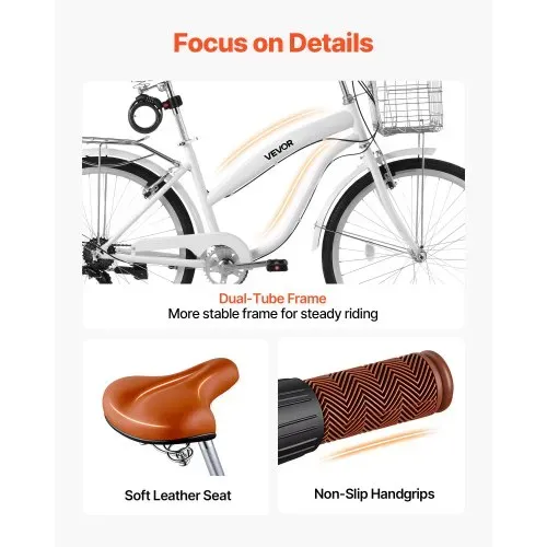 VEVOR Damenfahrrad 26 Zoll Cruiser-Fahrrad 150 kg 7-Gang Citybike Weiß, für Pendelfahrten Besorgungen und Strandfahrten, mit Doppelten V-Bremsen, 50 kg Gepäckträger, Schutzblechen und Werkzeugsatz – Bild 5