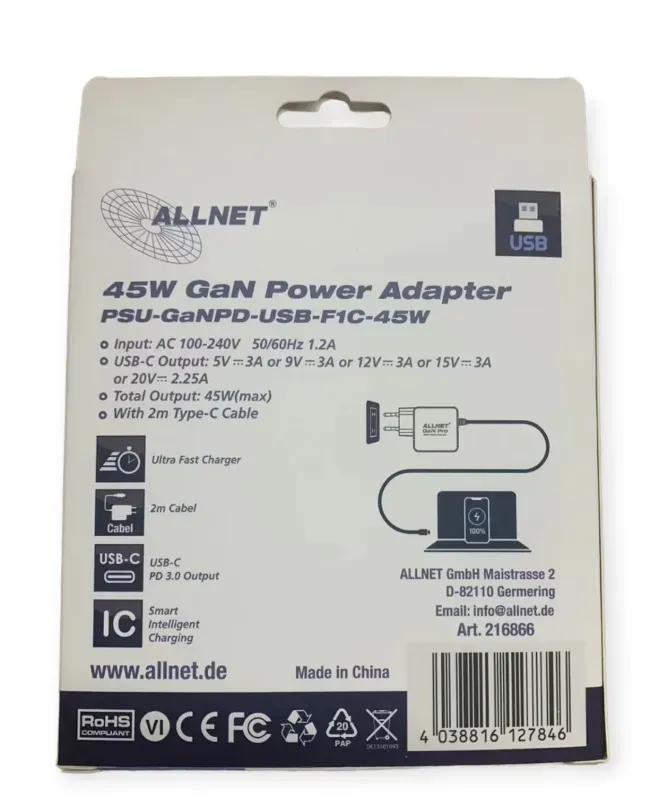 ALLNET Ersatznetzteil QC USB-C PD GaN Netzteil Power Supply 45 Watt 1x USB Typ-C mit 2m festem Kabel**EU PLUG** – Bild 4