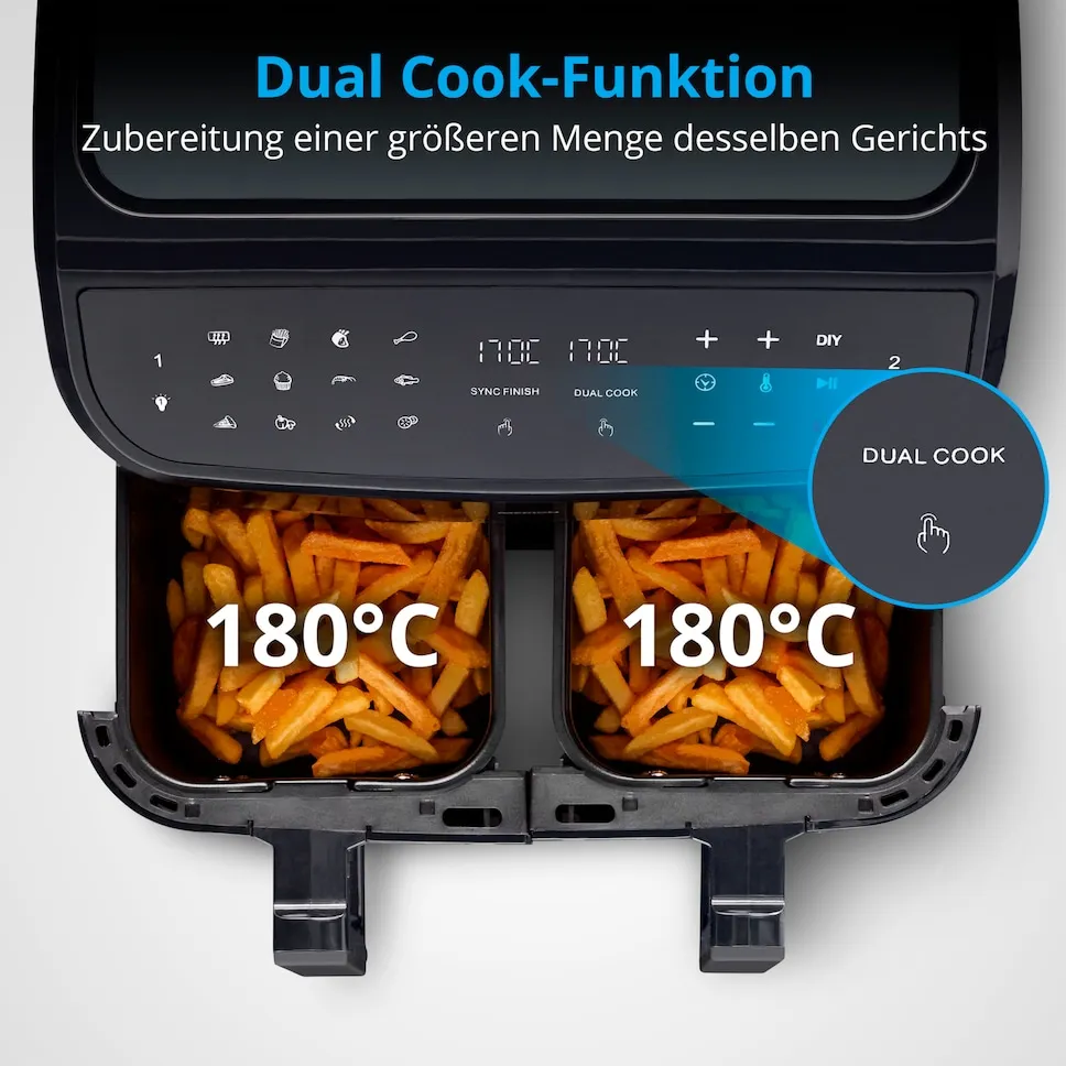 MEDION LIFE P20 XXL Twin DoppelzonenHeißluftfritteuse MD 11760, 2 separate Garzonen, 9 Automatikprogramme, 8,7 L Gesamt-Nutzinhalt, 2.600 Watt, Temperatur einstellbar bis 200 °C – Bild 5