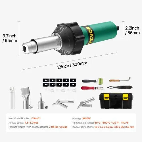 VEVOR Heißluft-Kunststoffschweißgerät, 1600 W Heißluftpistole, 50–600 °C PVC TPO Vinyl Schweißbrenner, Hot Air Welder Set mit 11 Zubehörteilen – Werkzeugkasten, Düse, Rolle, Klingen für PP/PE/PVC – Bild 6