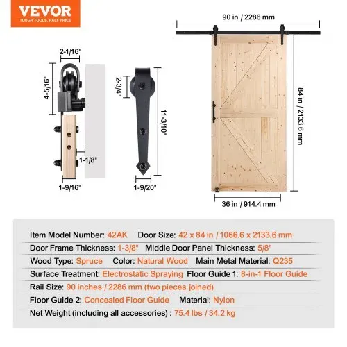 VEVOR Scheunentor und Hardware-Set Schiebetürsystem, 1067 x 2134 mm Holz-Glas-Schiebetor, leise, Scheunentor-Set mit 8-in-1-Bodenführung und Türgriff, Fichtenholzplatte, für Wohnzimmer usw. – Bild 6