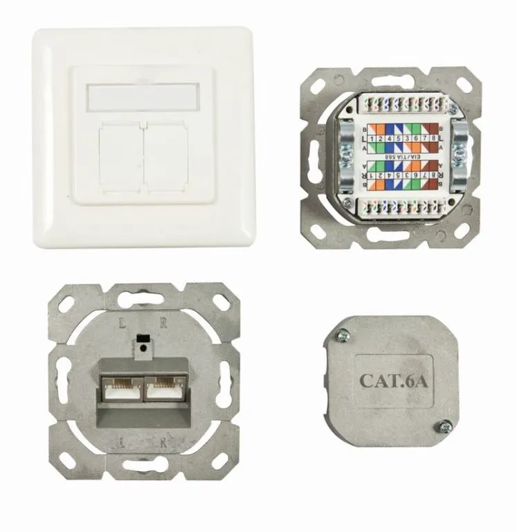 Dosen TP, UP, 2-fach, CAT6A, 500Mhz, Reinweiss, LSA, Synergy 21, waagrechter hinterer Kabeleingang Dosen TP, UP, 2-fach, CAT6A, 500Mhz, Reinweiss, LSA, Synergy 21, waagrechter hinterer Kabeleingang