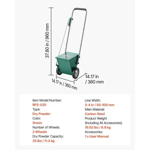 VEVOR Markierwagen Linien-Markiergerät Trocken 11,3 kg Pulverkapazität Grün, für Rasenfläche Feld & Sportplatz, Stahlkonstruktion, 50-100 mm Einstellbare Linienbreite, Klare & Gleichmäßige Markierung – Bild 6