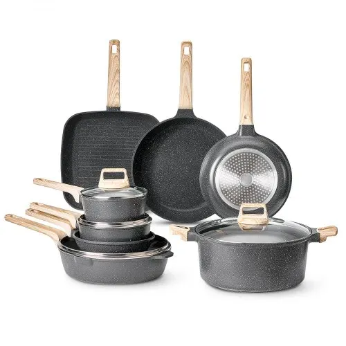 VEVOR Induktion Töpfe Pfannen Set (19-teilig) mit Glasdeckel, antihaftbeschichtetes Kochgeschirr, Induktionskochtöpfe für die Küche im Wohnmobil zum Braten, Würzen von Soßen und Kochen (Schwarz) – Bild 10