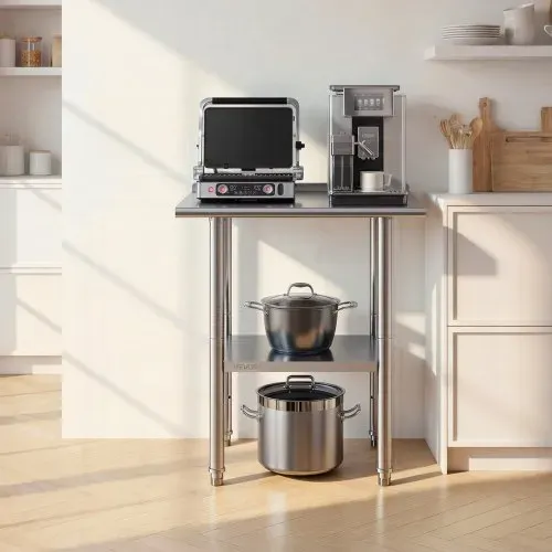VEVOR Edelstahltisch Gastro 762 x 610 x 894 mm, Verstellbarer Edelstahltisch mit Aufkantung, Arbeitstisch mit Grundboden für Restaurant Schwerlast Obere Ablage (204 kg) Untere Ablage (168 kg) – Bild 7