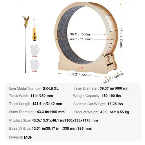 VEVOR Katzenlaufrad, 1100 mm, Katzenlaufband, mit abnehmbarem Laufband, Katzen-Teaser zum Laufen, Gehen, Training, geeignet für die meisten Katzen bis zu 11,3 kg, Katzen Laufrad, Holzfarbe – Bild 6