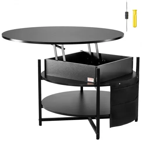 VEVOR Couchtisch mit anhebbarer Platte, 35,3 Zoll runder Couchtisch mit zusätzlichen Aufbewahrungstaschen, aufklappbarer Couchtisch für das Wohnzimmer, schwarz – Bild 8