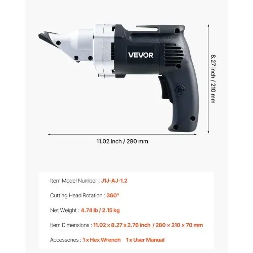 VEVOR Elektrische Blechschere, 4,0 A kabelgebundene Metallschere mit 360°-Schwenkkopf, variable Drehzahl, kontinuierliches Schneiden, sauberer Schnitt für 1,22 mm verzinkten Stahl, 1 mm Edelstahl – Bild 6