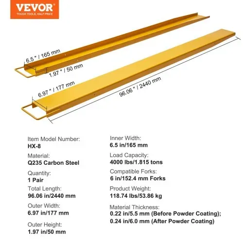 VEVOR 2er-Set Gabelverlängerungen 2440 mm Zinkenverlängerung 1,815 Tonnen Tragfähigkeit Gabelzinken Q235 Kohlenstoffstahl einteiliges Design Palettengabelverlängerung Kompatibel mit 152,4 mm Gabeln – Bild 6