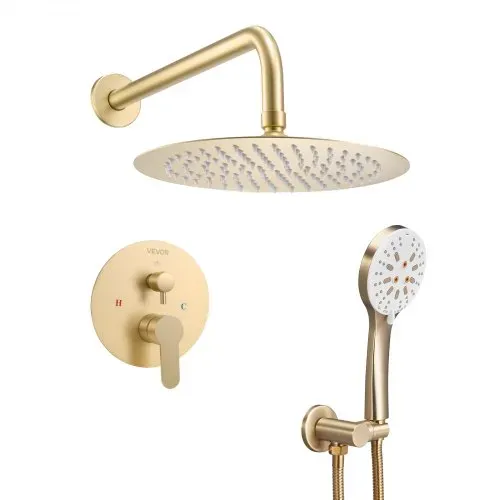 VEVOR Duscharmatur Regenduschsystem fürs Badezimmer Duschsystem mit 254 mm runden Regenduschkopf & Handbrause, wandmontierte Badezimmerarmaturen mit Messingventil & Zierset, gebürstetes Gold – Bild 9