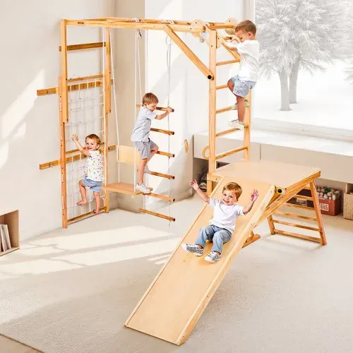 VEVOR Indoor Spielplatz Klettergerüst (8 in 1), 100 kg belastbares Montessori-Kletterspielzeug-Set mit Rutschen/Schaukeln/Klettergerüst/Turnringen/Holz-/Strickleiter/Kletternetz/Stange – Bild 7