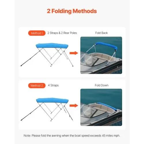 VEVOR Bimini Top Bootsabdeckung Sonnenverdeck (3 Bögen) aus 600D Polyester mit Rahmen aus Aluminiumlegierung, wasserdichte Sonnenschutz-Bootsmarkise mit Aufbewahrungstasche, 216-229 cm (B) Blau – Bild 3