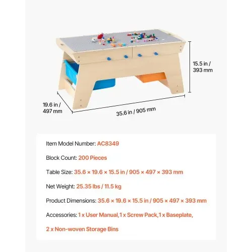 VEVOR Kindertisch 905 x 497 x 393 mm, Aktivitätstisch aus Holz, Mehrzweck-Spieltisch mit 200 Bausteinen und 3 Aufbewahrungsbehältern, Bausteintisch, Geschenk für Kinder ab 3 Jahren, Holzfarbe – Bild 6