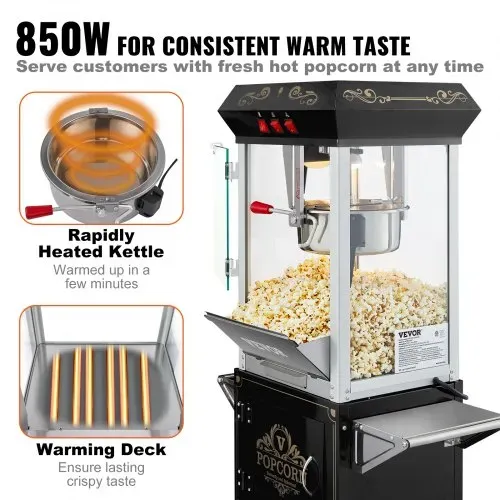 VEVOR Popcornmaschine Popcornautomat mit Wagen 850 W Popcorngerät, 8 oz Kessel für 48 Tassen pro Ladung, Popcornmaschine mit gehärtetem Glas inkl. 4 Schaufeln Kino-Stil Restaurant Schwarz – Bild 3