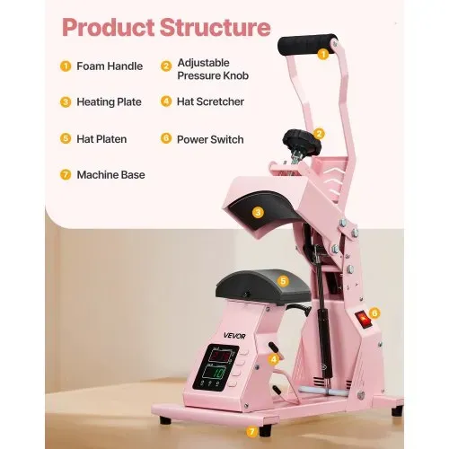 VEVOR Hutpresse mit 2 austauschbaren Platten (160 x 65 mm / 160 x 80 mm), Hut-Hitzepresse mit präziser Temperatur- und Zeitregelung, Mützenpresse Heat Press für Stirnbänder Gesichtsmasken Rosa – Bild 5