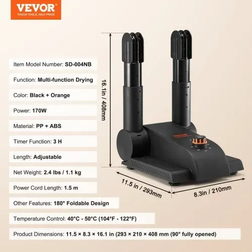 VEVOR 180° Faltbarer 2-Röhren Schuhtrockner Stiefeltrockner Schwarz & Orange – Bild 6