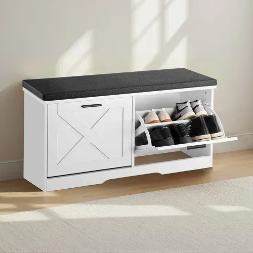 VEVOR Schuhbank mit 2 Klappen 200kg Schuhkipper Schuhkommode 1000x305x475mm, für Flur Wohnzimmer Schlafzimmer, Schuhschrank mit 2 Flip-Schubladen, Gepolstertem Sitzkissen, aus Spanplatte, Schwarz-Weiß – Bild 7