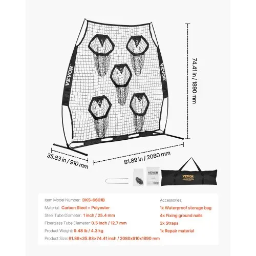 VEVOR Fußballtrainer Wurfnetz Übungsnetz (208 x 91 x 189 cm) mit 5 Zieltaschen & tragbarer Aufbewahrungstasche & Guren & knotenlosem Netz, Training für die Passgenauigkeit des Quarterbacks, schwarz – Bild 6