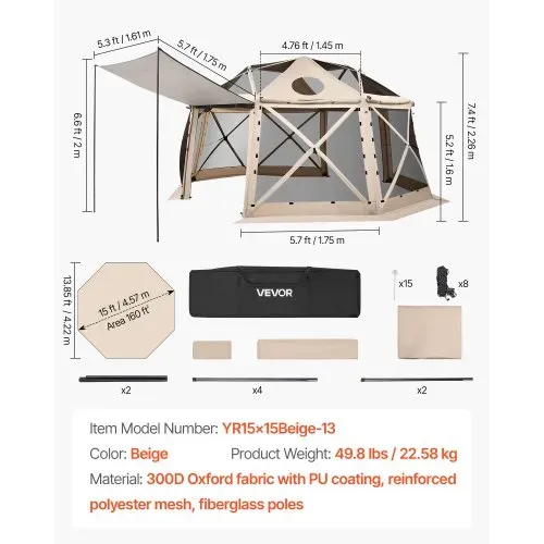 VEVOR Pop-up-Pavillon, 4,57 x 4,57 m, 13-seitiges, kugelförmiges Campingzelt mit abnehmbarem Dach und Tragetasche, 360°-Belüftung, Sonnenschutz, Partyzelt für 12–15 Personen, Beige – Bild 6