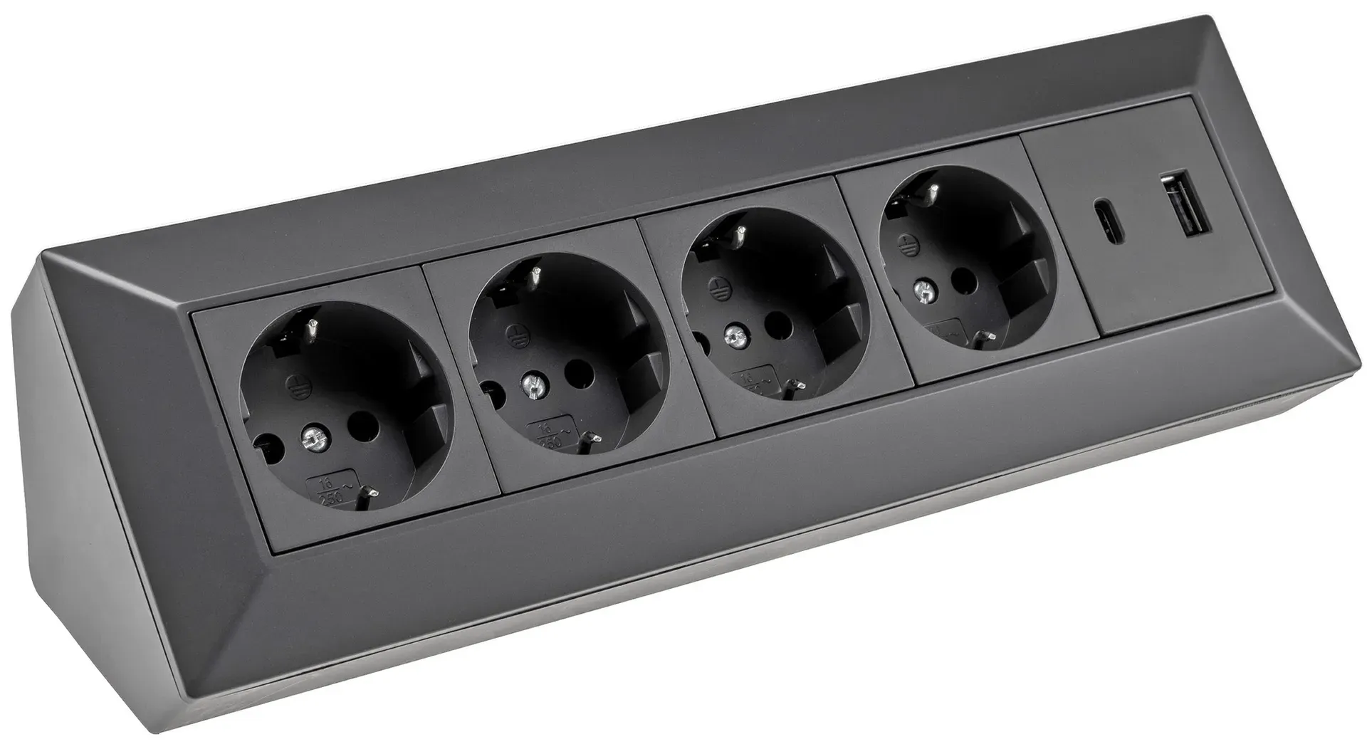 4-fach Steckdosenblock, USB-A+C, schwarz 250V~/ 16A, Aufbaumontage, USB 3,1A, PD 4-fach Steckdosenblock, USB-A+C, schwarz 250V~/ 16A, Aufbaumontage, USB 3,1A, PD