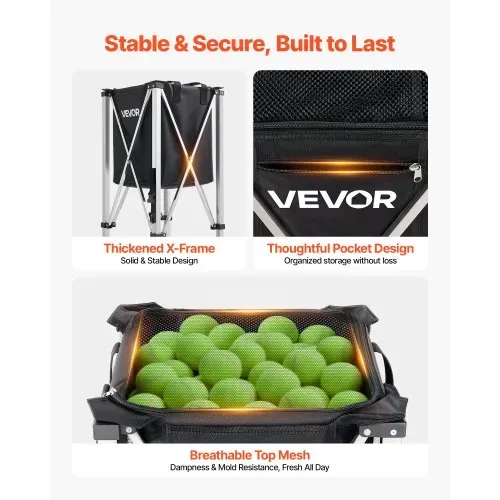VEVOR Tennisballwagen Faltbar, Tennisballkorb für 200 Tennisballs, Klappbarer Ballwagen mit Rahmen aus Edelstahl & Tragetasche, Mobiler Ballkorb mit Rollen für Training Verein Aufbewahrung, Schwarz – Bild 5