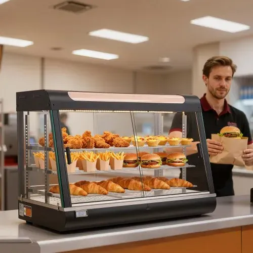 VEVOR 3-stöckige Wärmetheke 130 L, Warmhaltevitrine 1400 W, Warmhaltetheke 30–85 °C, Speisenwärmer mit LED-Beleuchtung & Verstellbaren Ablagen, Speisevitrine für Hamburger Pizza Brot Brathähnchen – Bild 7