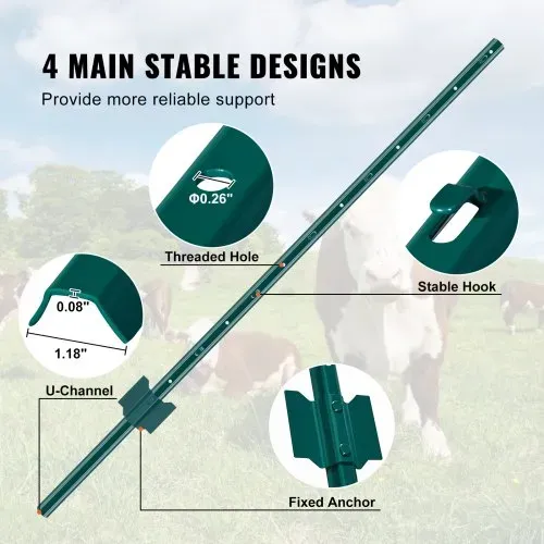 VEVOR 4 Fuß Zaunpfosten, 10er-Pack T-Pfosten Hochleistungs-Zaunpfosten aus Metall, stabile Zaunpfähle aus Stahl für Gartenhof, Rasen, Bauernhöfe und Maschendrahtzäune im Freien, grün – Bild 3