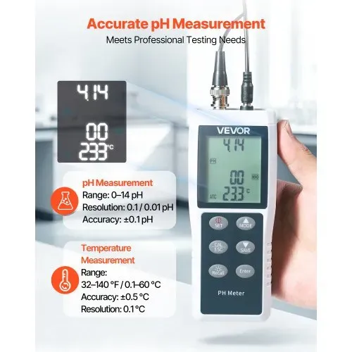 VEVOR pH-Meter, Messbereich 0–14, Wasserdichte Sonde (IP68), 3-Punkt-Automatikkalibrierung, Tragbares Tester-Set mit Kalibrierpulver, Temperatursonde & Tragetasche, für Trinkwasser & Hydrokultur VEVOR pH-Meter, Messbereich 0–14, Wasserdichte Sonde (IP68), 3-Punkt-Automatikkalibrierung, Tragbares Tester-Set mit Kalibrierpulver, Temperatursonde & Tragetasche, für Trinkwasser & Hydrokultur