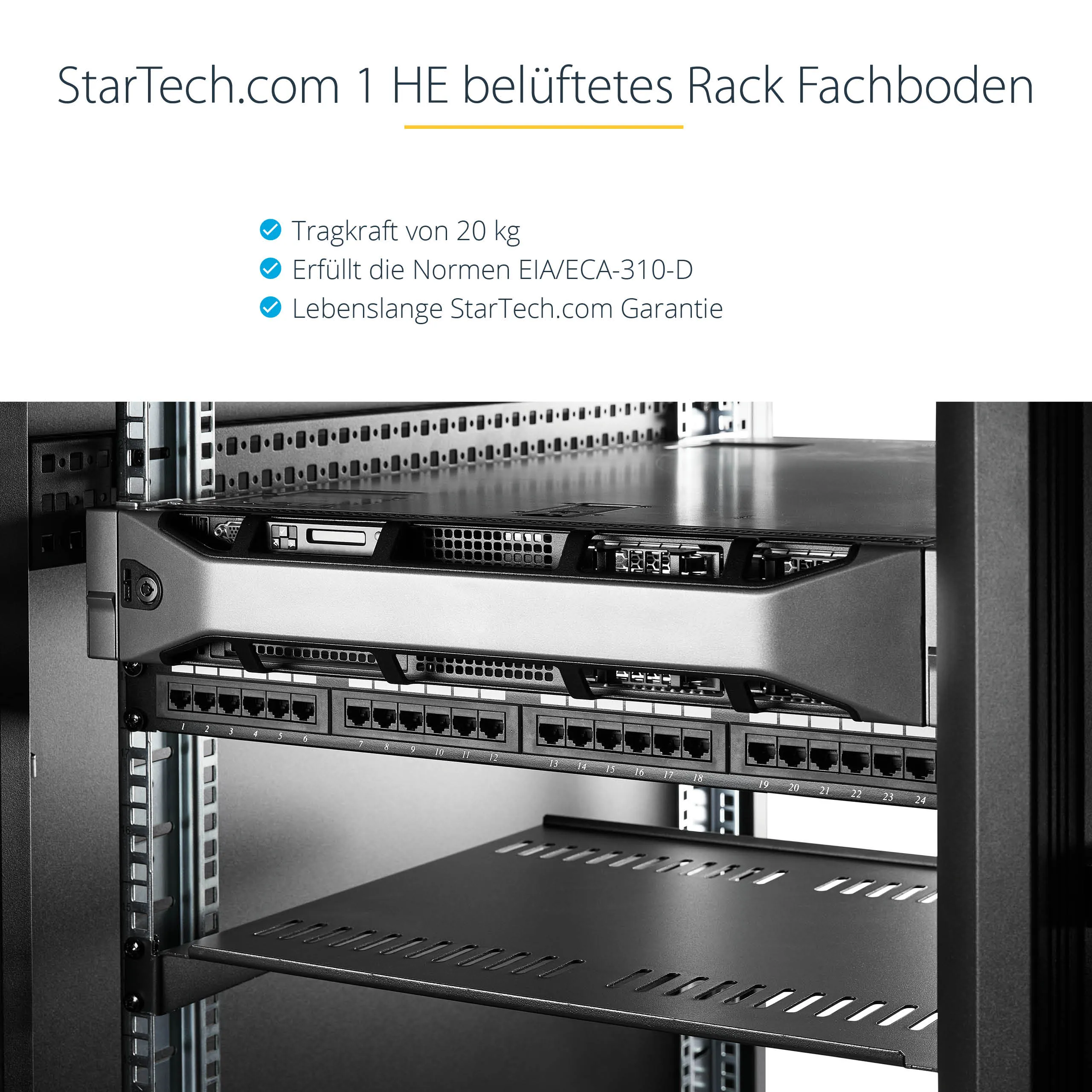 StarTech.com 1HE Regalboden für Racks - Universale Belüftete Freitragende Fachboden für 19" Netzwerkschränke und Racks, Tragkraft 20kg - Schwerlastregal aus Stahl - 10" Tief - Schwarz – Bild 7