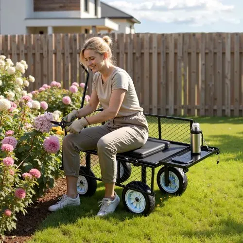 VEVOR Bollerwagen 226,8 kg Tragkraft, Gartenwagen mit Sitz & PU-Rädern, Transportwagen mit Werkzeugablage & Verstellbarem Griff, Gerätewagen für Rasen, Terrasse & Garten, Schwarz – Bild 7