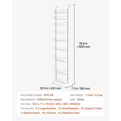 VEVOR Vorratsschrank Speisekammer-Organizer Aufbewahrung über der Tür, 9-stufige Gewürzregale zum Aufhängen aus Stahl, verstellbare Lagerregale für die Wand, für Zuhause Küche Badezimmer, Weiß – Bild 6
