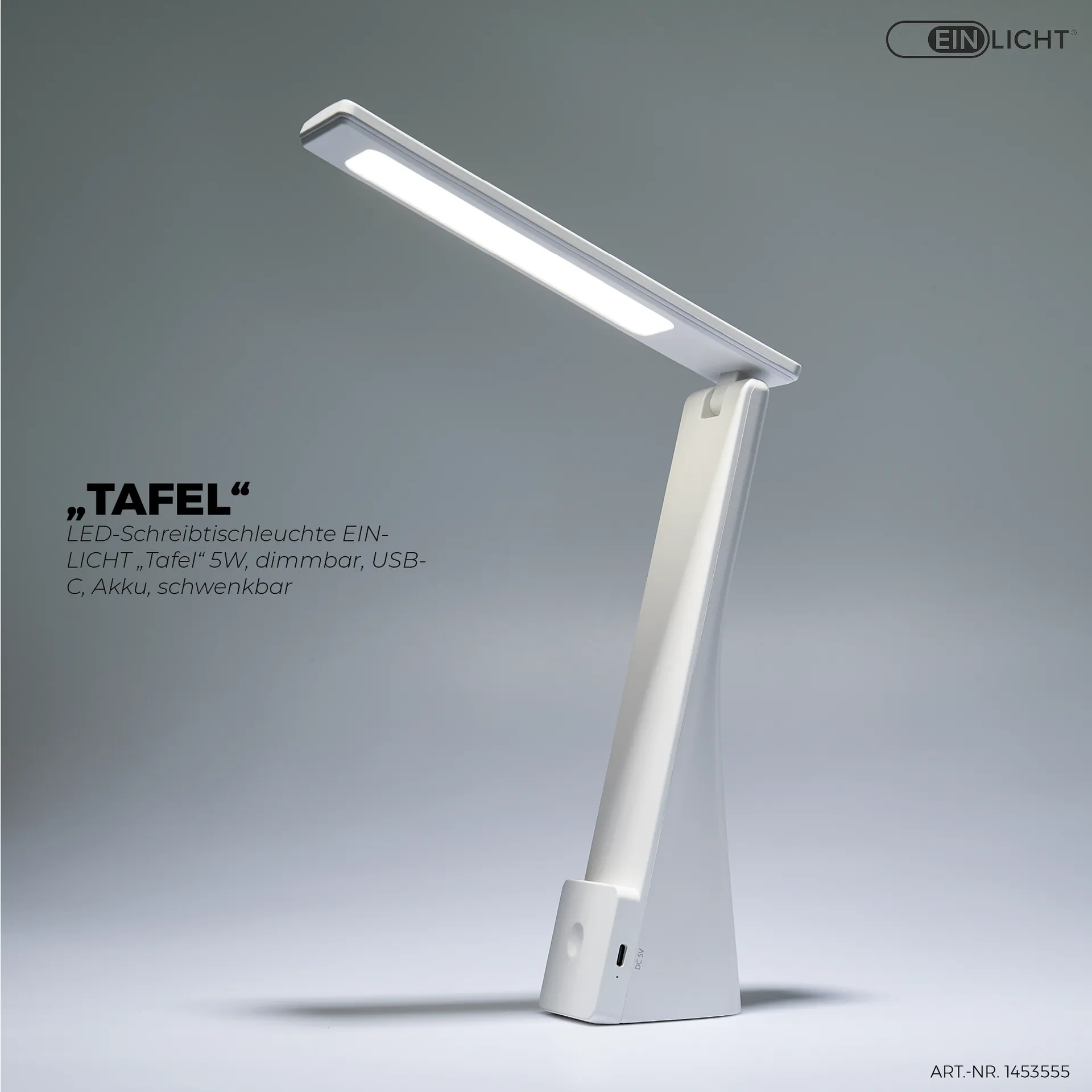 LED-Schreibtischleuchte EINLICHT ''Tafel'' 5W, dimmbar, USB-C, Akku, schwenkbar – Bild 4