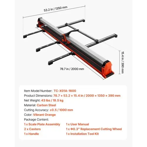 VEVOR Fliesenschneider 1600 mm, Fliesenschneidmaschine mit Schiene & Gleitkopf, Präzisions-Ausrichtungshilfe, Wolframkarbid-Schneidscheibe, Stützbeine mit Rädern, Keramik-, Boden- & Wandfliesen – Bild 6