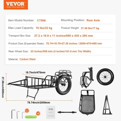 VEVOR Fahrradanhänger, 32 kg Tragkraft, Fahrradanhänger, Schnellverschlusskonstruktion mit Universalkupplung, 50,8 cm Räder, passend für die meisten Fahrradräder, Rahmen aus Karbonstahl – Bild 6