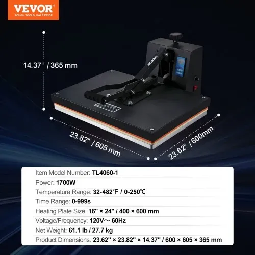 VEVOR Wärmepresse, 1700 W Leistung, Wärmepresse, schnelles Aufheizen, Hochdruck-Wärmepresse für T-Shirts, digitaler industrieller Sublimationsdrucker für Wärmeübertragungsvinyl 406 x 610 mm – Bild 6