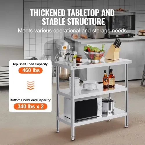 VEVOR Lebensmittel-Zubereitungstisch aus Edelstahl, 457 x 914 x 864 mm gewerblicher Küchenarbeitstisch, mit 2 verstellbaren Unterregalen, robuster Zubereitungstisch aus Metall für Grill, Küche – Bild 2