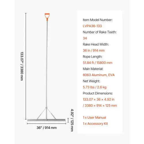 VEVOR Rechen Aluminium, 914 mm Kopf, 2590 mm Stiel, großes, Laubrechenwerkzeug für die Landschaftsgestaltung, Gartenrechen zum Auflockern von Erde, Garten & Hof, Teichkies & Strandrasenpflege – Bild 6