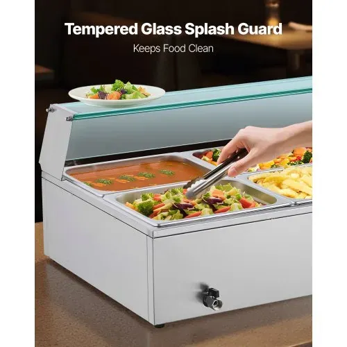VEVOR kommerzieller Speisenwärmer (6 x 1/2 Größe Behälter), 1,5 kW elektrischer Wärmebehälter aus Edelstahl mit Glasabdeckung & Suppenkelle, Chafing Dishes für Catering Restaurant Party – Bild 3