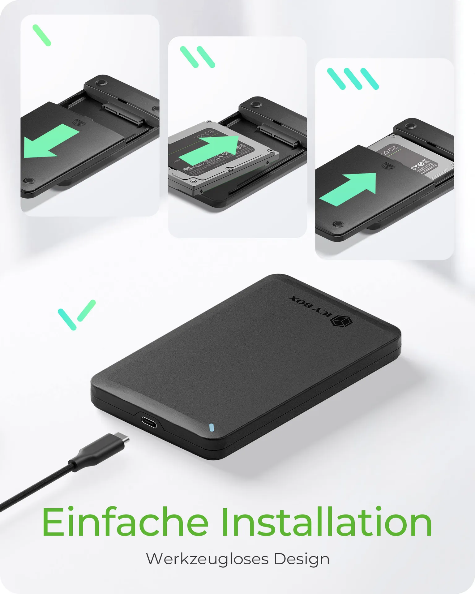 ICY BOX IB-201T-CU31, ext. 2.5" SATA Gehäuse, USB 3.2 Gen 2 bis zu 10 Gbit/s, Werkzeuglos, Kunststoff, schwarz – Bild 7