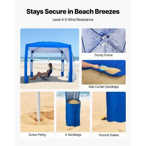VEVOR Strand-Cabana, 2,4 x 2,4 m Strandzelt mit Seitenwand, UPF 50+ Sonnenschutz, Strandpavillon mit Sandsäcken, höhenverstellbarer & tragbarer Sonnenschutz für Familie und Freunde, Blau – Bild 2