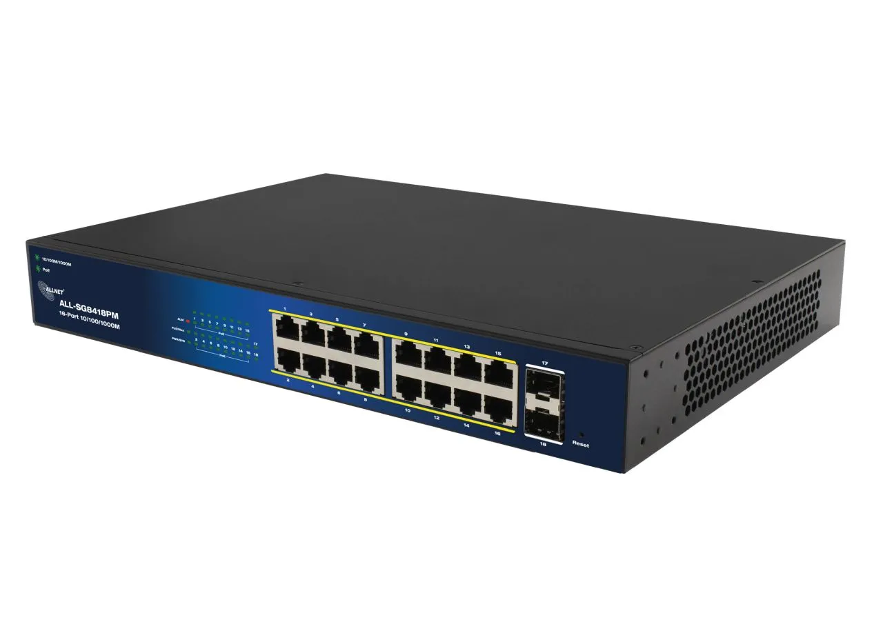 ALLNET Switch smart managed Layer2 18 Port Gigabit • 18x GbE • PoE Budget 240W • 16x PoE at • 2x SFP • 19″ • Lüfterlos • ALL-SG8418PM ALLNET Switch smart managed Layer2 18 Port Gigabit • 18x GbE • PoE Budget 240W • 16x PoE at • 2x SFP • 19″ • Lüfterlos • ALL-SG8418PM