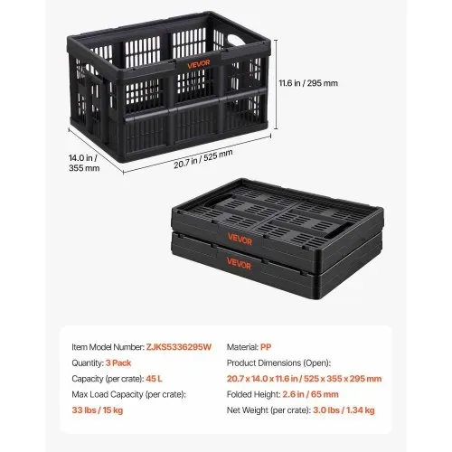 VEVOR Klappbox 45 L 3er-Pack, Faltbare Aufbewahrungsboxen aus Kunststoff, Stapelbare Klappkörbe mit Griffen, Tragkraft 15 kg pro Box, Klappkiste, Ideal für Haushaltsorganisation, Schwarz – Bild 6