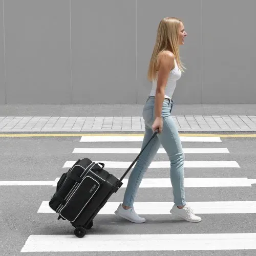 VEVOR Bowlingballtasche für 2 Bälle mit Doppelrollen & separatem Fach für Schuhe (bis US-Größe 16) & übergroßer Zubehörtasche, einziehbarer Griff lässt sich auf 105 cm ausziehen Schwarz + Weiß – Bild 7