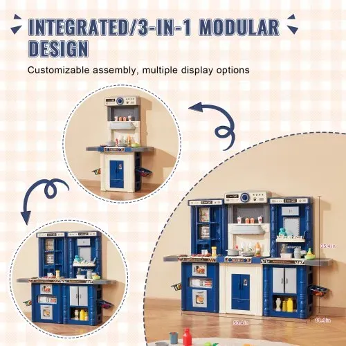 VEVOR Kinderküchen-Spielset, 3-in-1-Kleinkinderküche mit simuliertem Sprühnebel, Geräuschen und Lichtern, Spielküchenset mit 74-teiligem Kochzubehörset für Kleinkinder, Vorschulkinder, Kinder im Alter von 3–8 Jahren, Blau – Bild 2