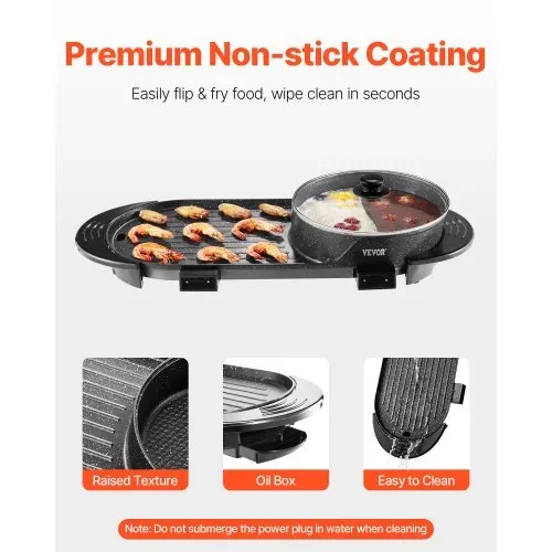 VEVOR Hot Pot mit Grill, 2200 W 2 in 1 elektrischer rauchfreier Grill und Hot Pot, koreanischer BBQ Shabu Feuertopf mit separater doppelter Temperaturregelung & antihaftbeschichteter Pfannen – Bild 4
