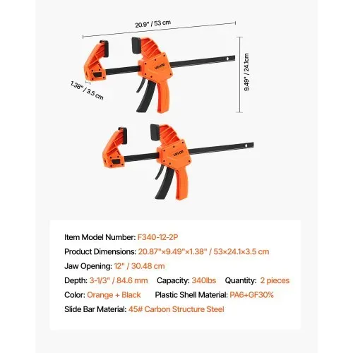 VEVOR Stangenklemmen für Holzbearbeitung 2 Stk. 30,48 cm Öffnung, Quick-Grip F-Klemme mit 154 kg Belastungsgrenze, 84,6 mm Tiefe, Kunststoff & Karbonstahl, Metallbearbeitung Orange + Schwarz – Bild 6