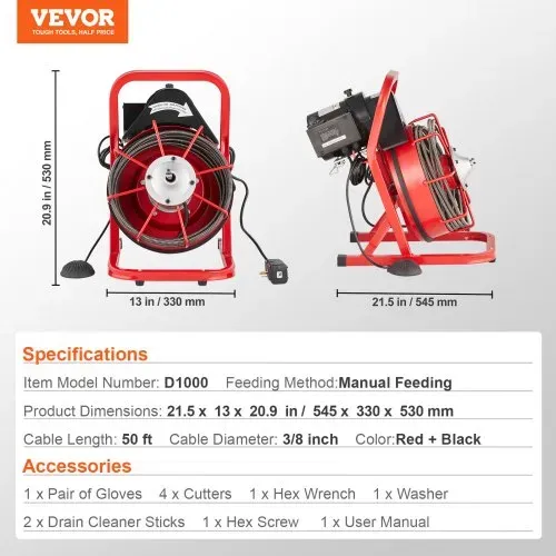 VEVOR Rohrreinigungsmaschine 50 FT x 3/8 Zoll, Kanalisationsspirale mit manueller Zuführung, 250 W elektrische Rohrreinigungsmaschine mit 4 Schneidern und luftaktiviertem Fußschalter für 2" bis 4" Rohre – Bild 6