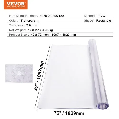 VEVOR Kunststoff-Tischdecke, 42 x 72 Zoll, 2,0 mm dick, transparenter Tischschutz, rechteckige PVC-Schreibtischunterlage, wasserdichte und leicht zu reinigende Schreibtischunterlage, Tischdecke, für Büro, Kommode, Esszimmertisch, Nachttisch – Bild 6